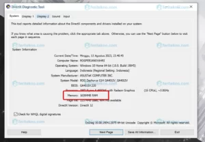 lihat RAM melalui dxdiag